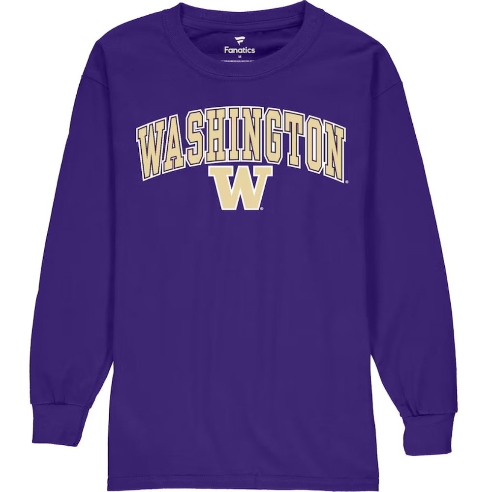 Youth Large 10-12- Washington Huskies Shirt Long Sleeve Fanatics Branded Purple